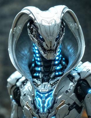 The primary subject of the image is a futuristic robot with a hooded head, featuring a blue and white color scheme. The robot's head is adorned with a silver helmet and a blue hood, giving it a menacing appearance. The setting is a dark room, which adds to the robot's mysterious and ominous presence. The visual style of the image is digital art, showcasing the intricate details of the robot's design. The colors and mood of the image are predominantly blue and silver, creating a sense of futuristic technology and power.